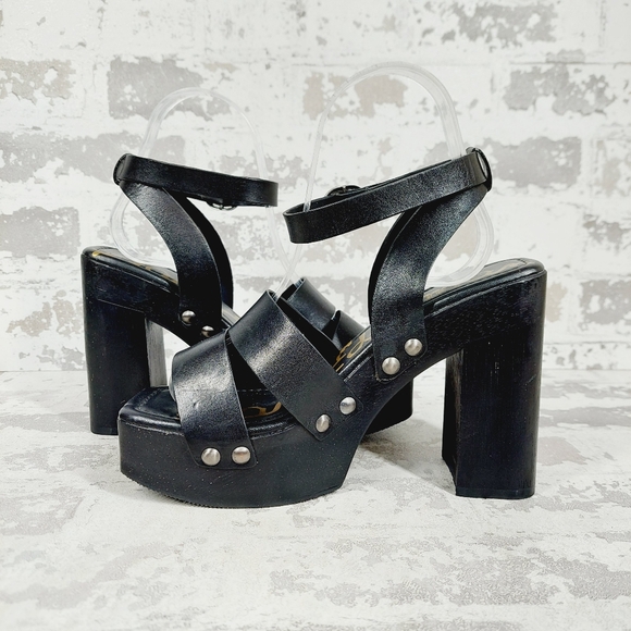 New Sam Edelman Rosalind Black Leather Platform Heeled Sandals T203 - Picture 4 of 11